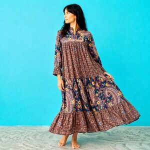 Vintage 70s Floral Tiered Prairie Maxi Dress Small Blue Boho Hippie Cottagecore